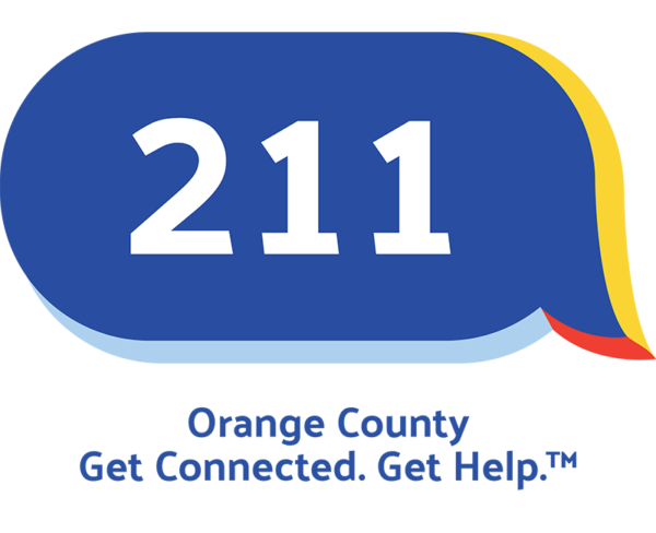 Logo for 211 Orange County. Their logo design is a speech bubble with 211 prominently displayed in the bubble. Below the bubble is the text: Orange County. Get connected, get help.