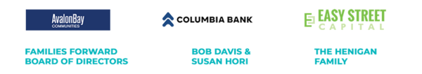 The logos for AvalonBay Communities, Columbia Bank, and Easy Street Capital. Then in text, Families Forward Board of Directors, Bob Davis and Susan Hori, and The Henigan Family.