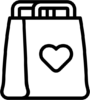 An icon of a bag with handles. There is a heart in the center of the bag's front